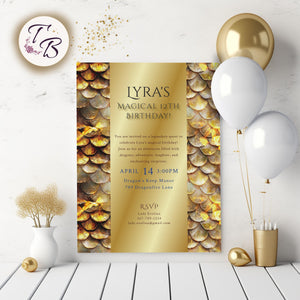 Dragon Birthday Invitation - Editable Party Template With Golden Scales & Medieval Design