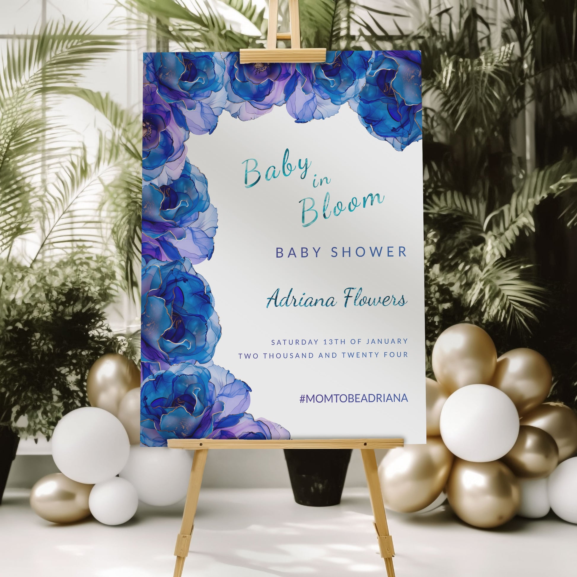Blue Baby in Bloom Shower Bundle | Editable Invitations, Signs & Cards | Alcohol Ink Templates