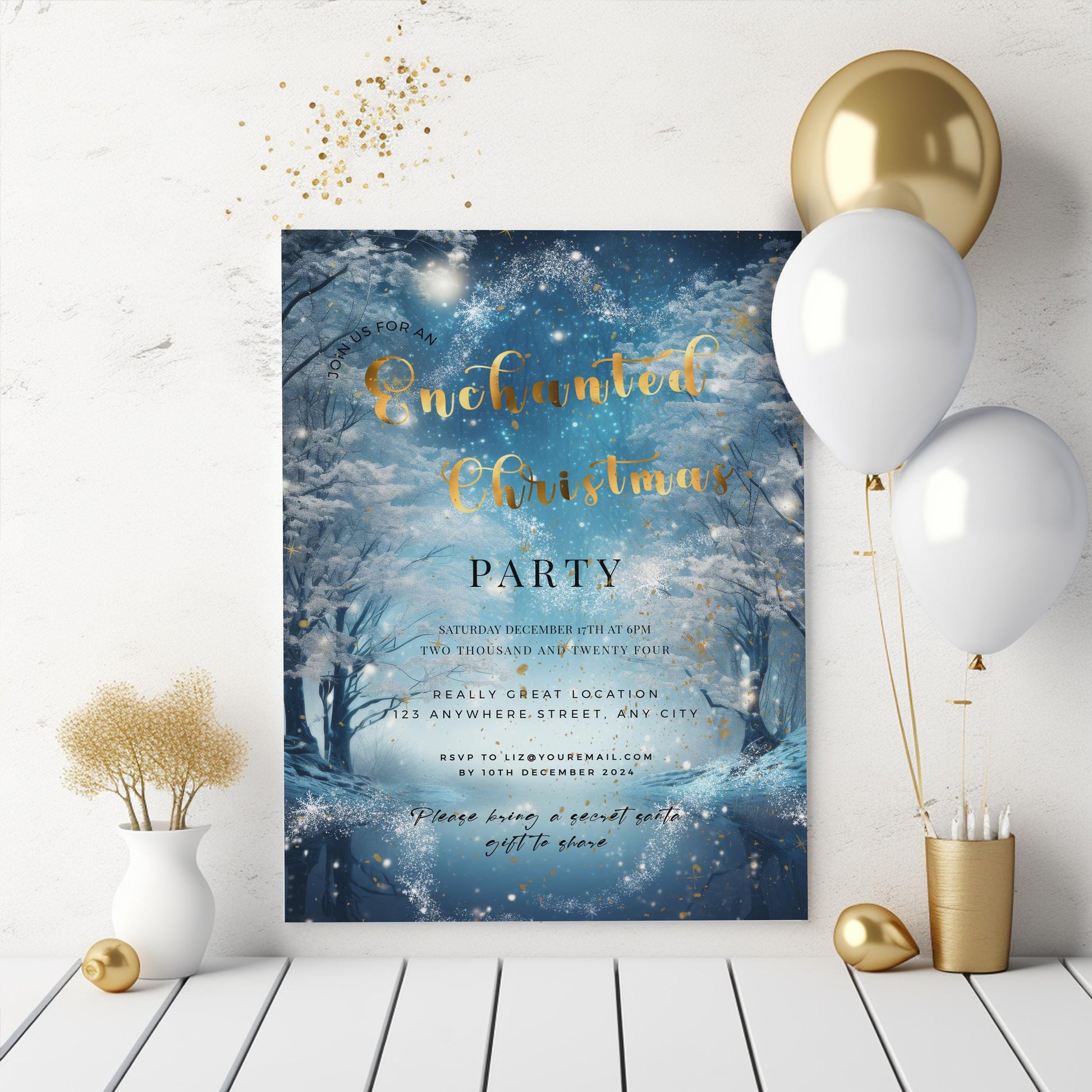 Enchanted Forest Christmas Party Invitation – Elegant Holiday Editable Template