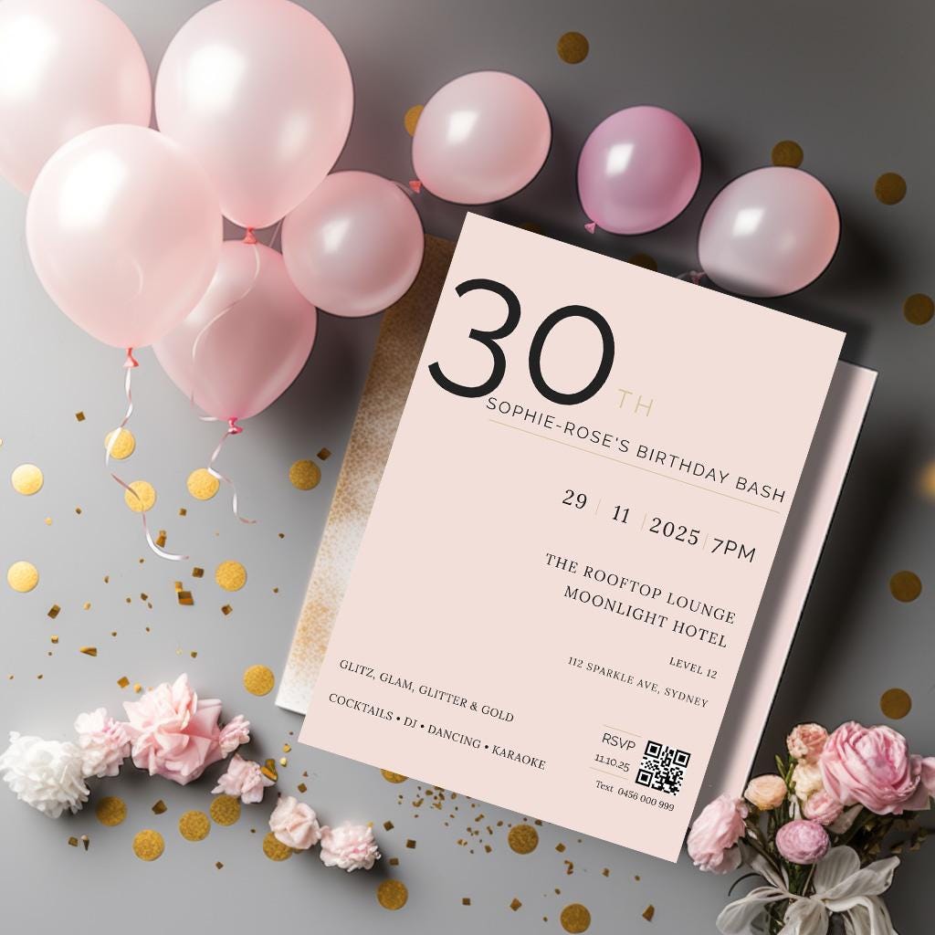 Blush & Gold 30th Birthday Invitation – Elegant Milestone Editable Template