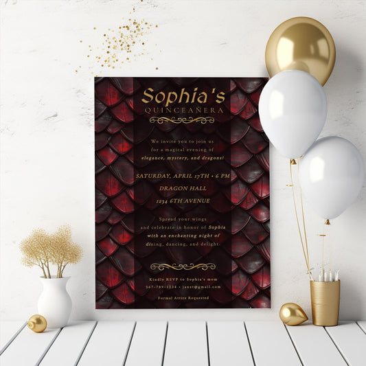 Red & Gold Dragon Quinceañera Invitation | Editable Fantasy Party Template