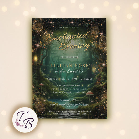 Enchanted Forest Sweet 16 Invitation – Green & Gold Fairytale Editable Template