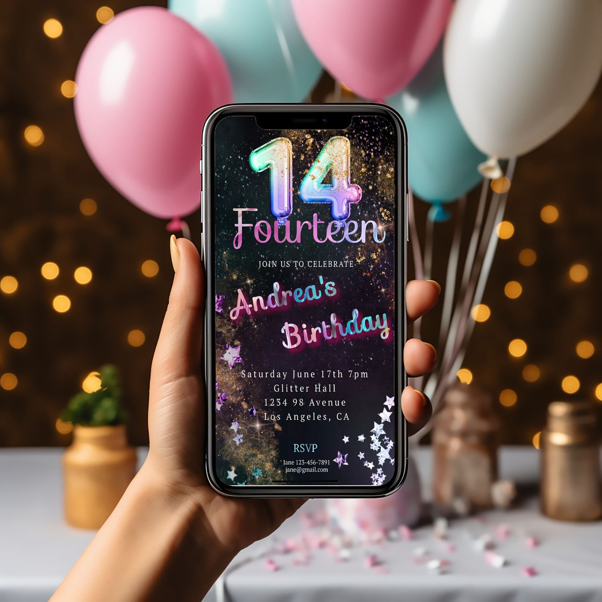 Rainbow Foil 14th Birthday Invitation: Editable Teen Evite (Thank You Tag)