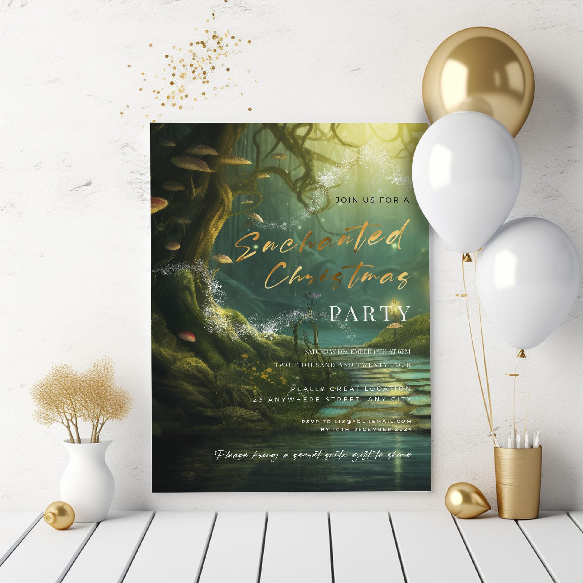 Enchanted Forest Christmas Party Invitation – Elegant Holiday Editable Template