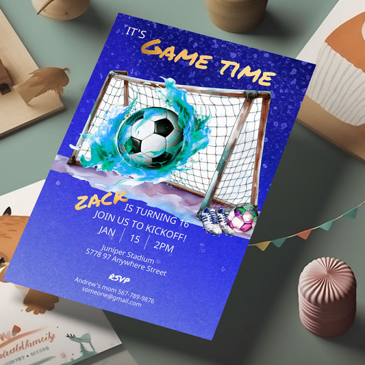 Blue Soccer Birthday Invitation boy-girl - Teenage Birthday invitation-Thank You Card-Editable, Digital Download template-Pink