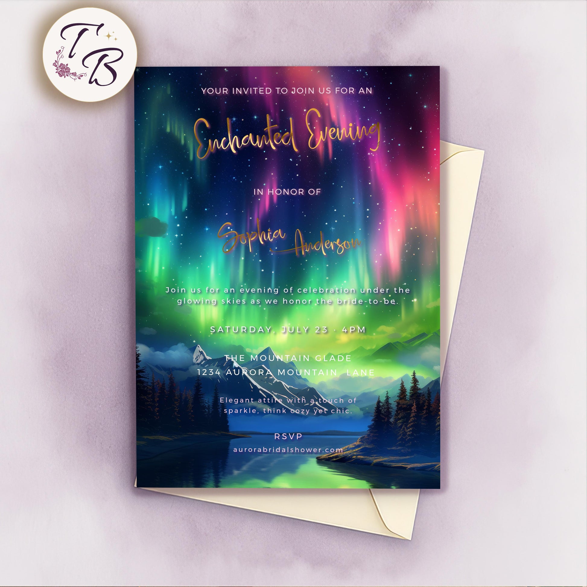 Aurora Borealis Invitation - Editable 5x7 Bridal Shower Template | Northern Lights Invite