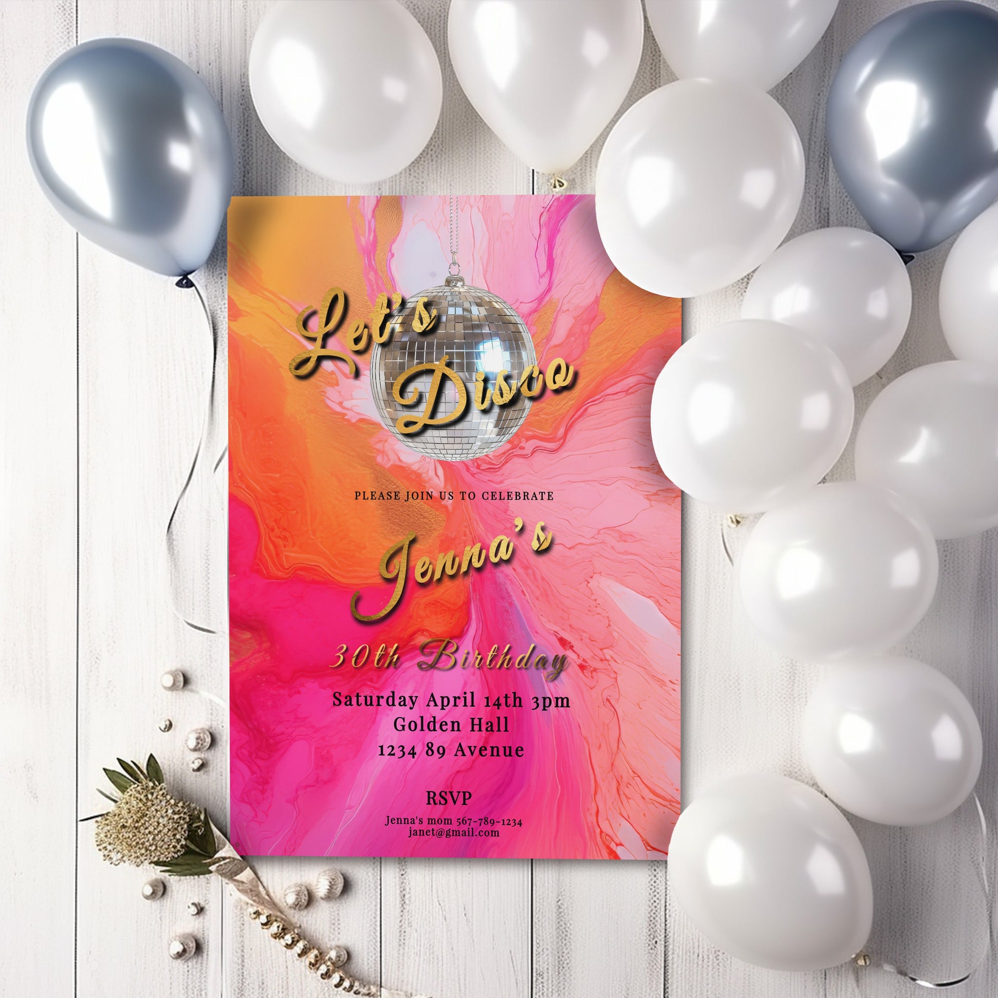 Retro Disco Birthday Invitation: Hot Pink, Orange, and Gold (Printable)
