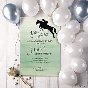 Sage Green Horse Jumping Birthday invite