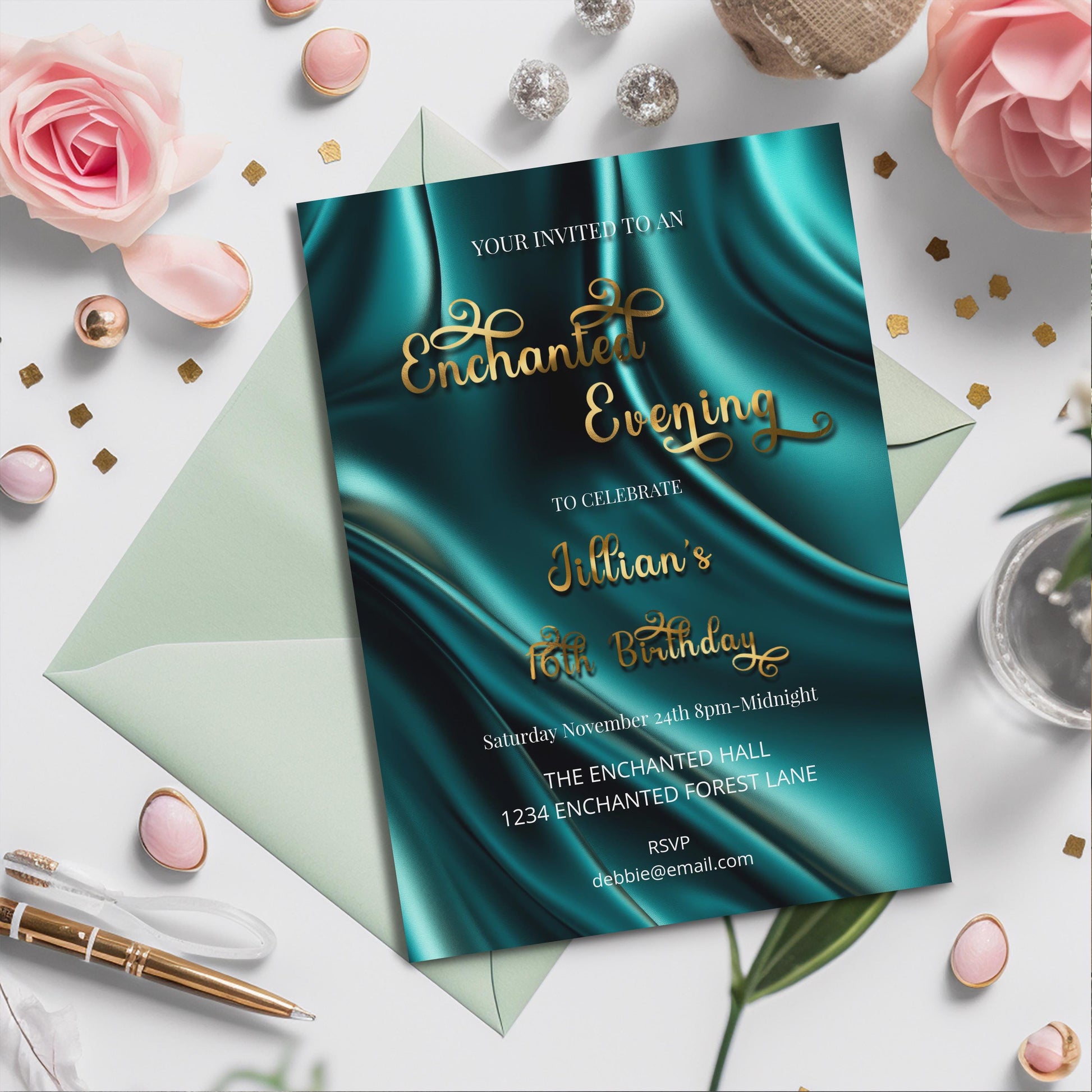 Sweet 16 Invitation – Elegant Teal Birthday Invite | Editable 5x7 Template