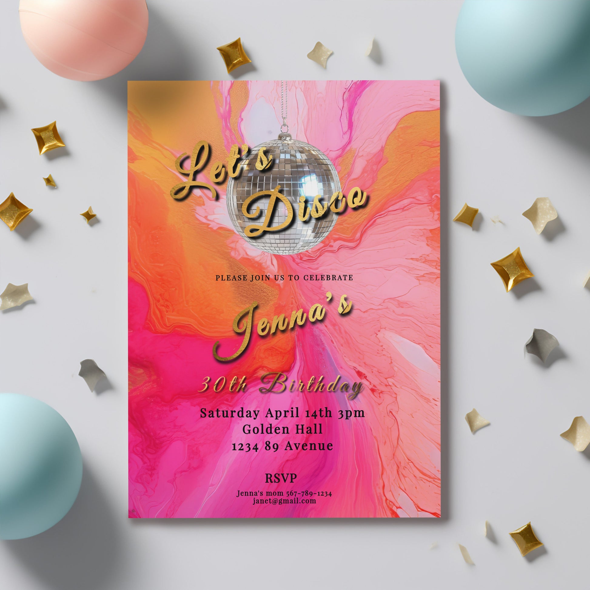 Retro Disco Birthday Invitation: Hot Pink, Orange, and Gold (Printable)