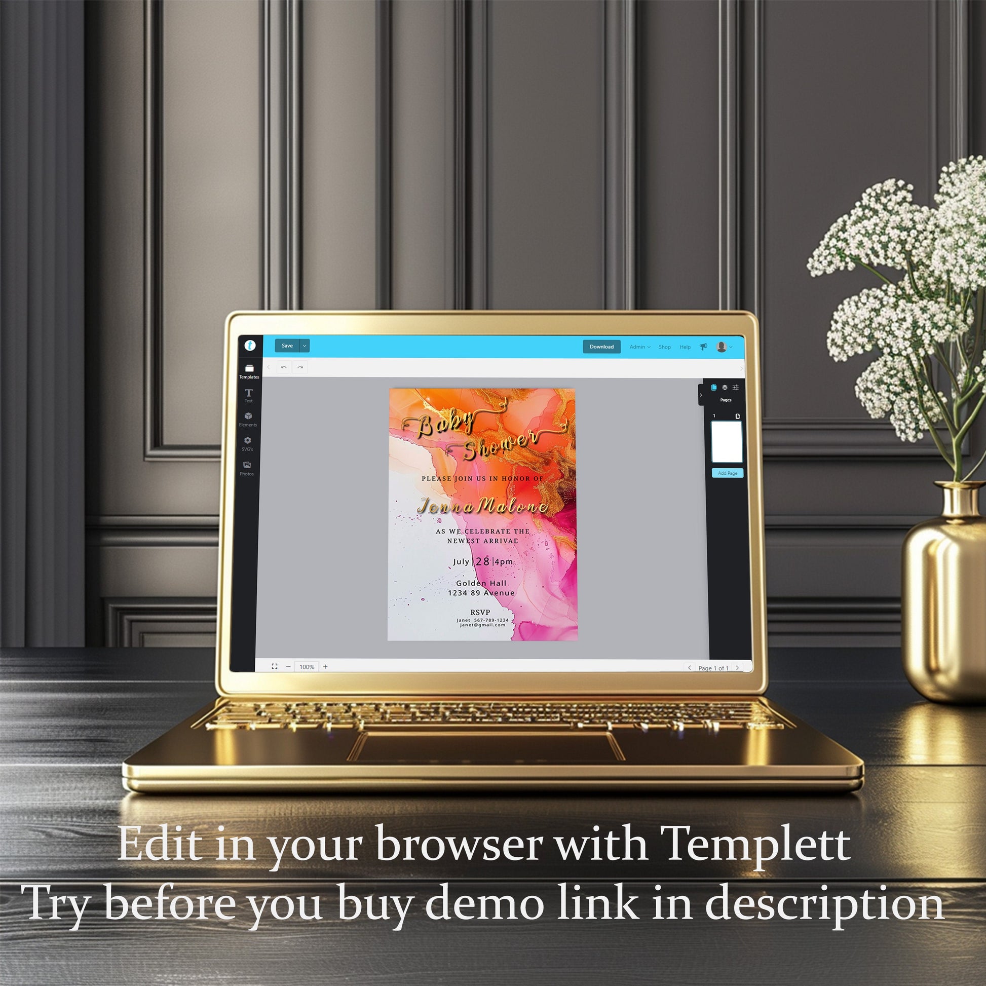 Hot Pink Floral Baby Shower Invitation – Alcohol Ink Editable Template