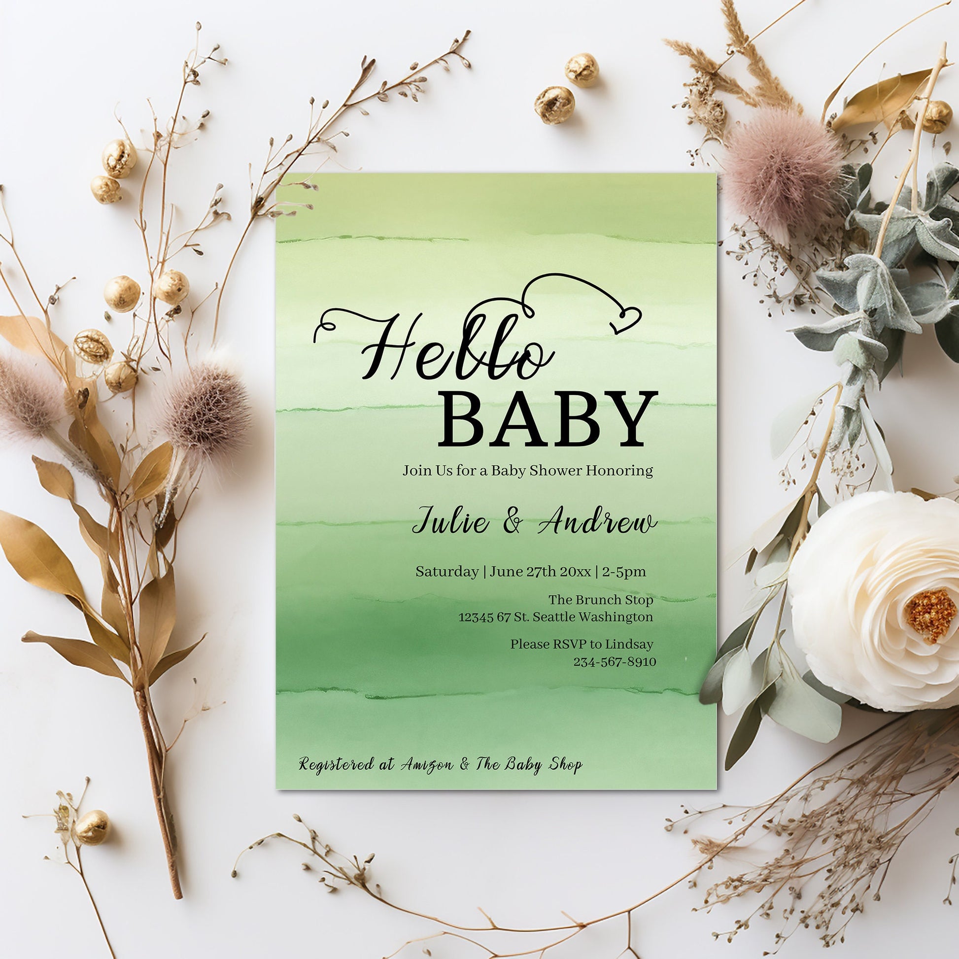 Sage Green Baby Shower Invitation | Minimalist Editable 5x7 Template | Modern Digital Download