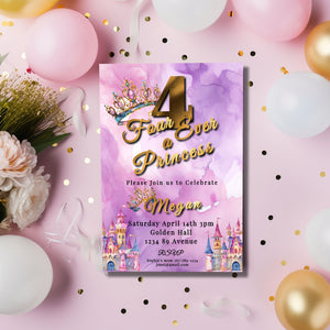 Princess 4th Birthday Invitation: Pink Purple Watercolor (5x7 Printable)