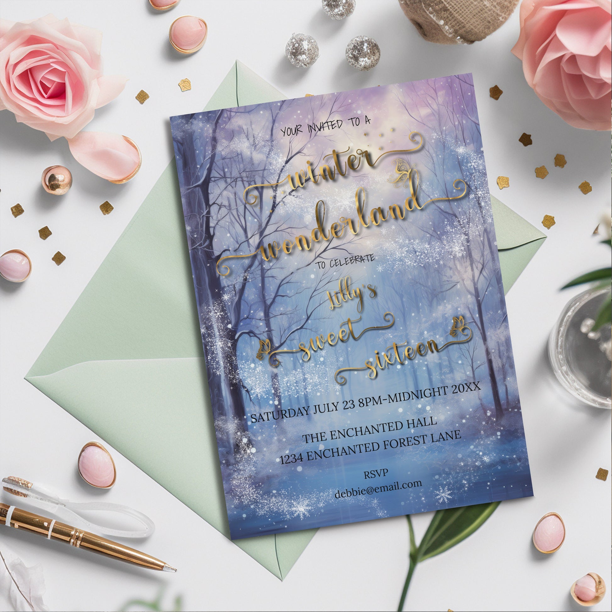 Winter Wonderland Sweet 16 Invitation | Editable Party Template