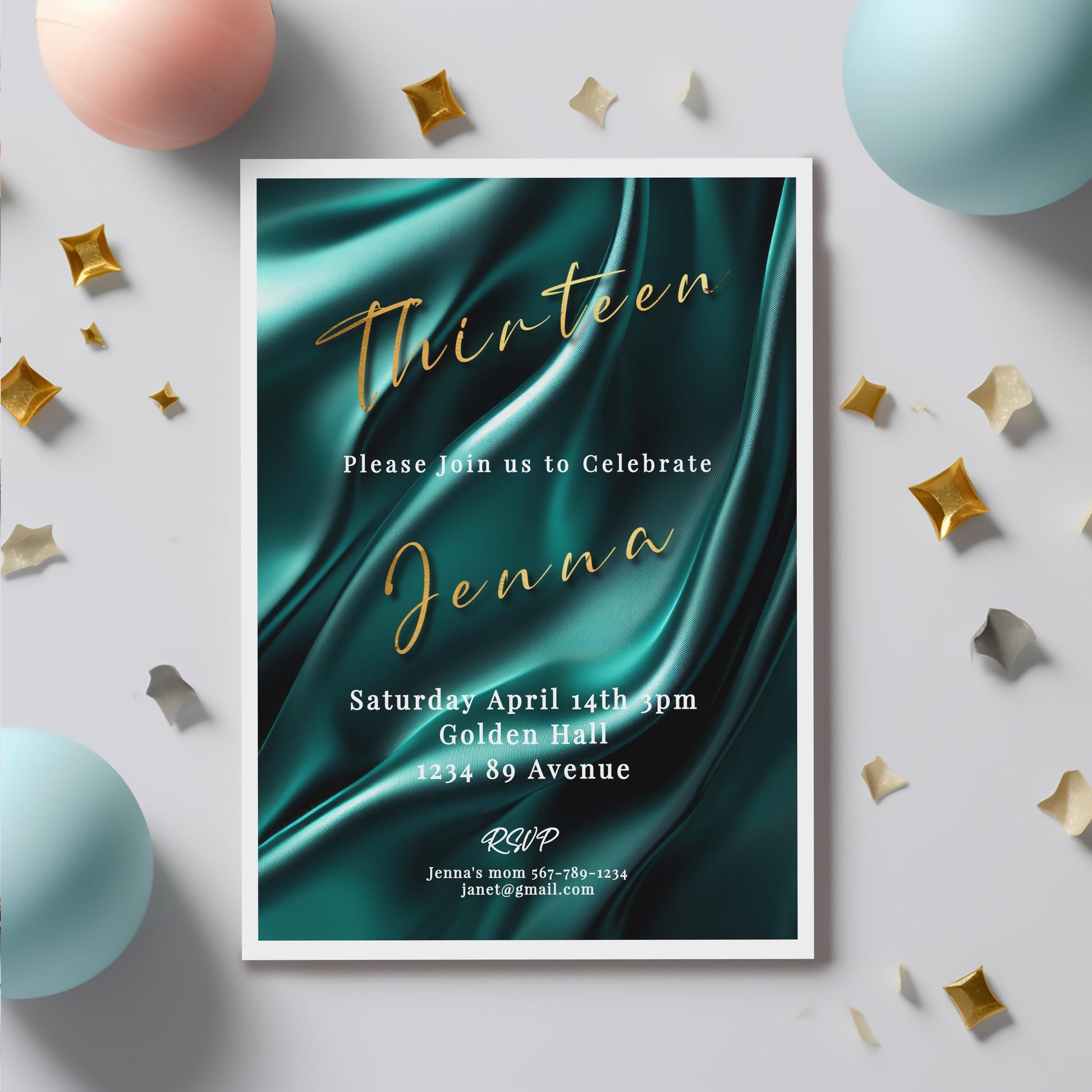 13th Birthday invitation girl teal-Invite Template - Official teenager-editable Digital Download, Teal and Gold-Teen Birthday