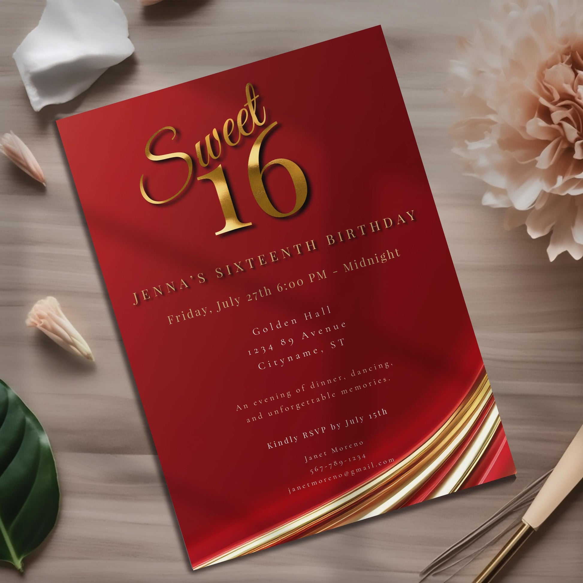 Red and Gold Sweet 16 Invite, Customizable Digital Invitation Template, Elegant Quinceanera Birthday Invite