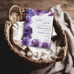Purple Floral Baby Shower Invitation | Alcohol Ink Editable Design | Digital Download Template