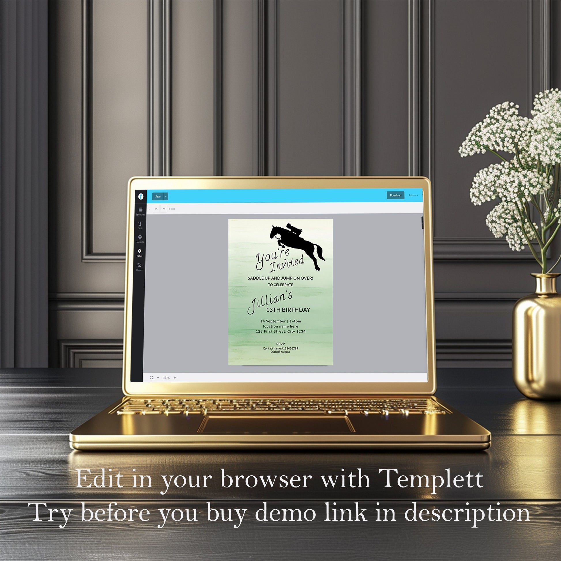 Sage Green Horse Jumping Birthday invite