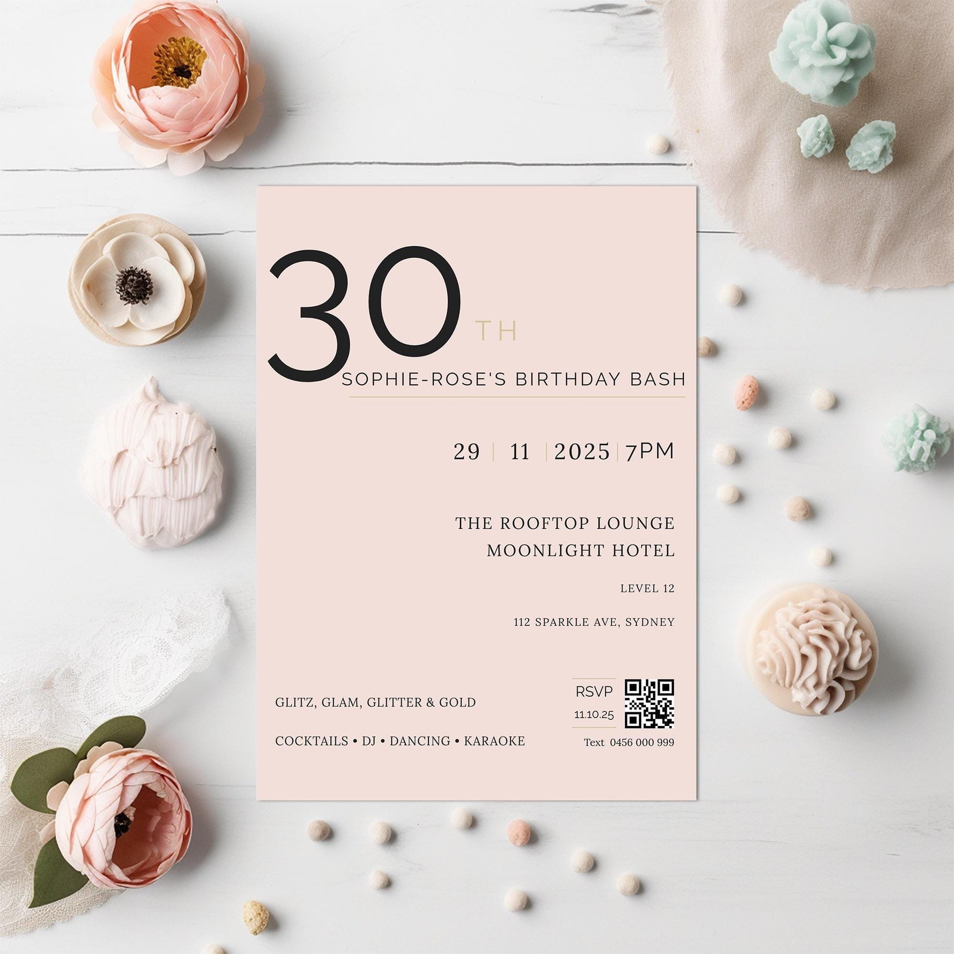 Blush & Gold 30th Birthday Invitation – Elegant Milestone Editable Template