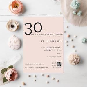 Blush & Gold 30th Birthday Invitation – Elegant Milestone Editable Template