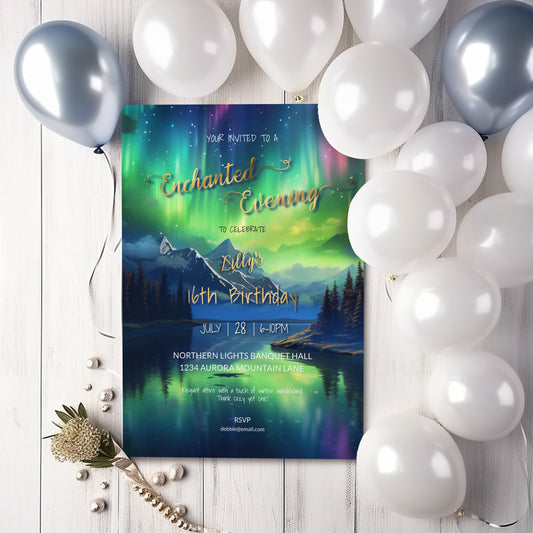 Northern Lights Sweet 16 Invitation – Aurora Borealis Editable Template