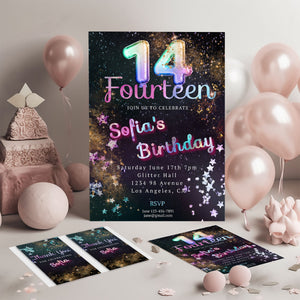 Rainbow Foil 14th Birthday Invitation: Editable Teen Evite (Thank You Tag)