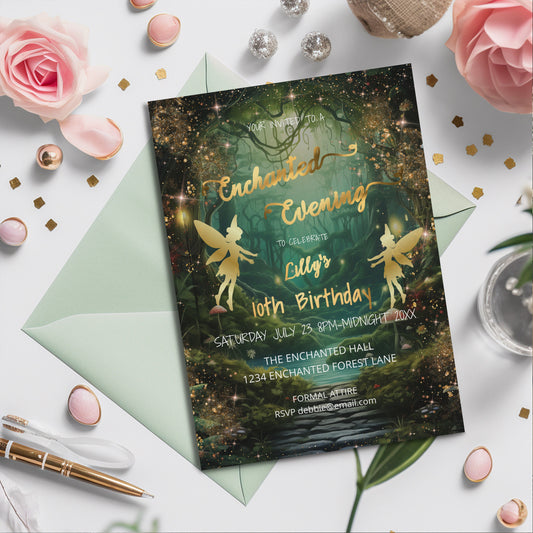 Enchanted Forest Invitation – Green & Gold Fairytale Editable Template