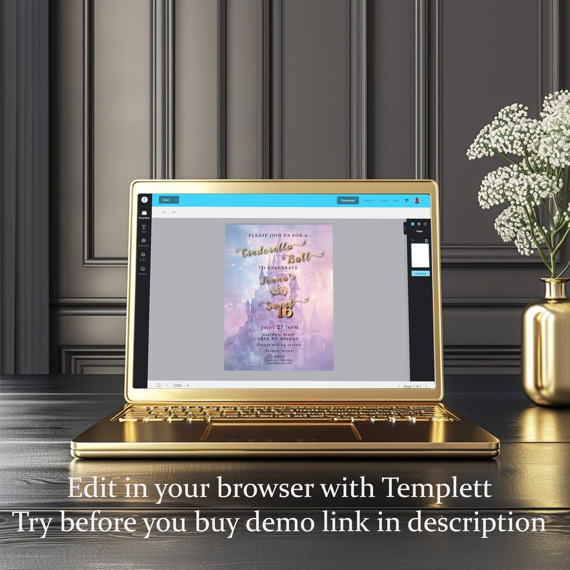 Cinderella Sweet 16 Invitation – Princess Fairytale Editable Template