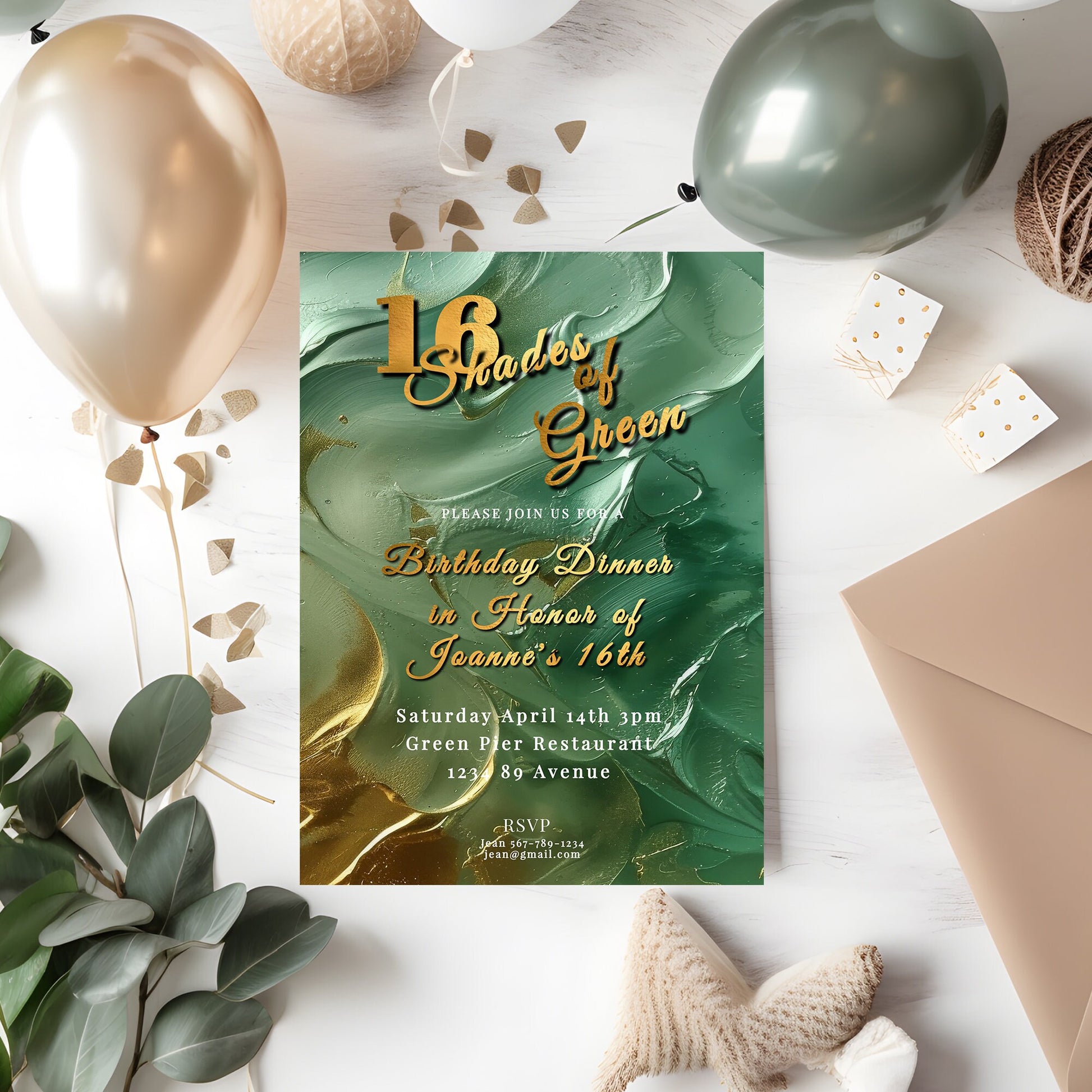 Green Birthday Invitation – Editable 16th Birthday Invite with Gold Foil & Emerald Green Design