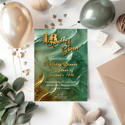 Green Birthday Invitation – Editable 16th Birthday Invite with Gold Foil & Emerald Green Design