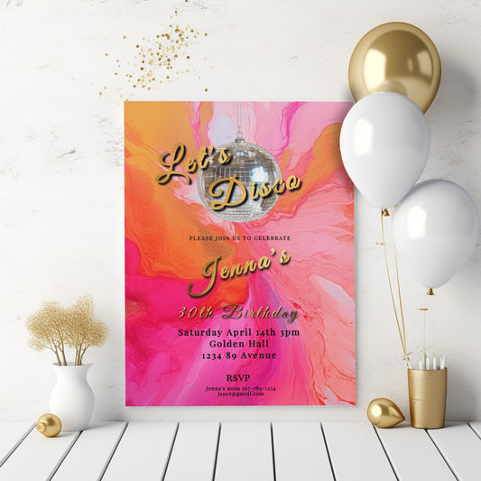 Retro Disco Birthday Invitation: Hot Pink, Orange, and Gold (Printable)
