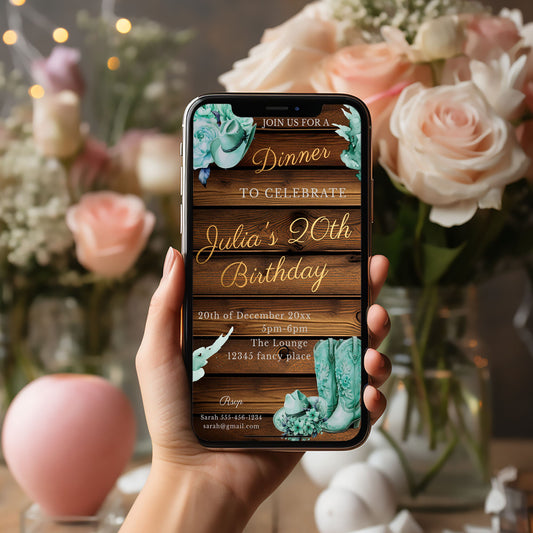 Rustic Cowgirl Birthday Mobile Invitation: Teal & Gold (Digital Download)