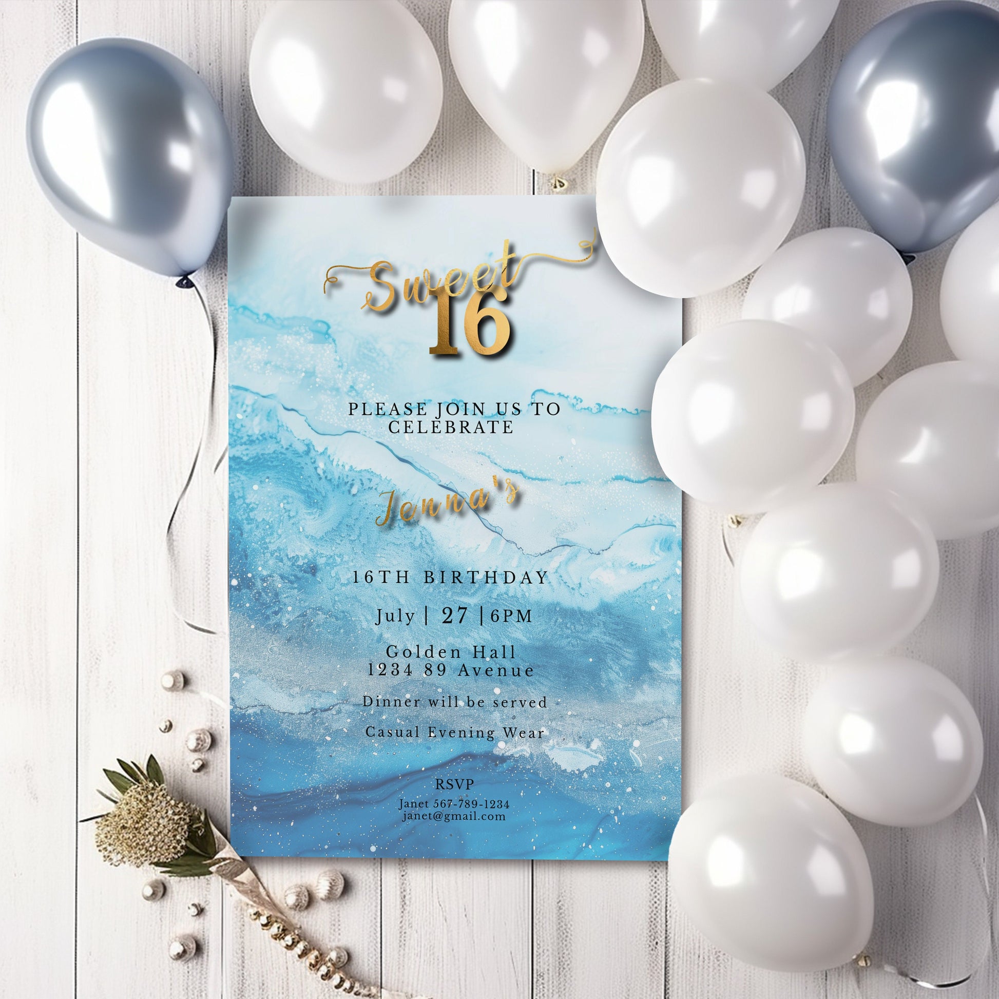 Sweet 16 Invitation Light Blue- blue and silver Glitter-Editable template-Evite-Printable-Blue Sparkles