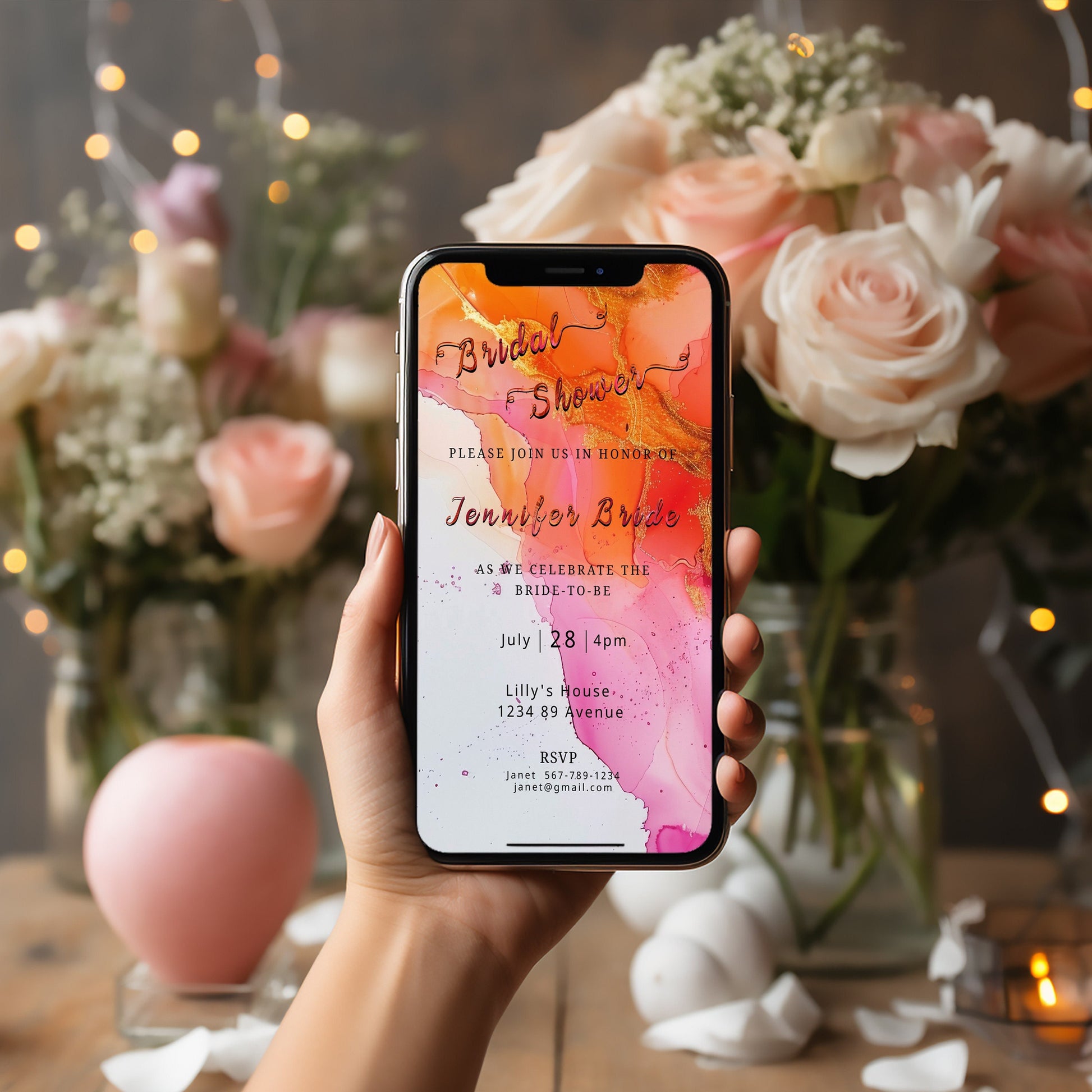 Hot Pink and Orange Bridal Shower Invitation 5x7in -brunch invite-Editable, Printable -Gold- elegant-Alcohol Ink-Mobile