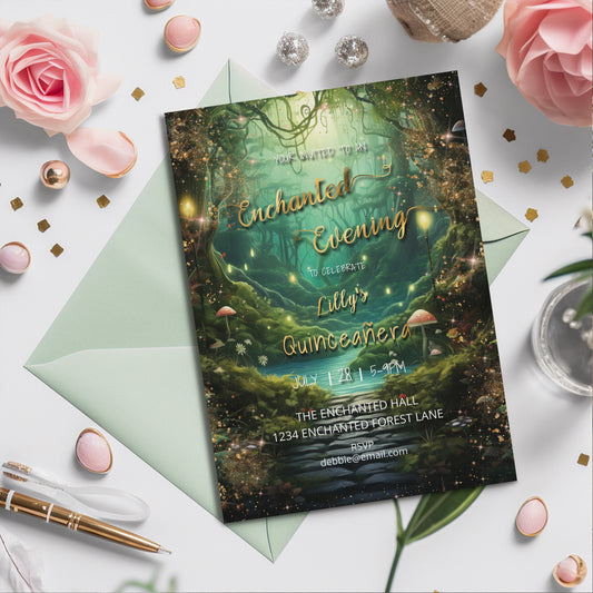 Enchanted Forest Quinceañera Invitation – Green & Gold Editable Template