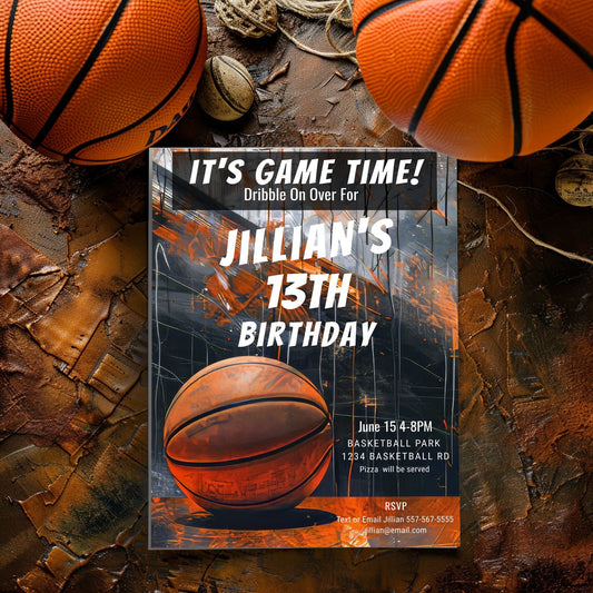 Basketball Birthday Invitation: Rustic Grunge, Editable 5x7 (Printable Template)