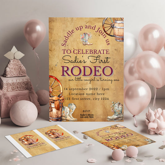 Editable Girl's 1st Rodeo Birthday Invitation Bundle | Rustic Cowgirl Party Templates