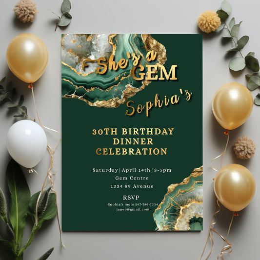 Green Gold Invitation | Elegant Emerald Wedding Invite With Customizable Gemstone Design & Foil