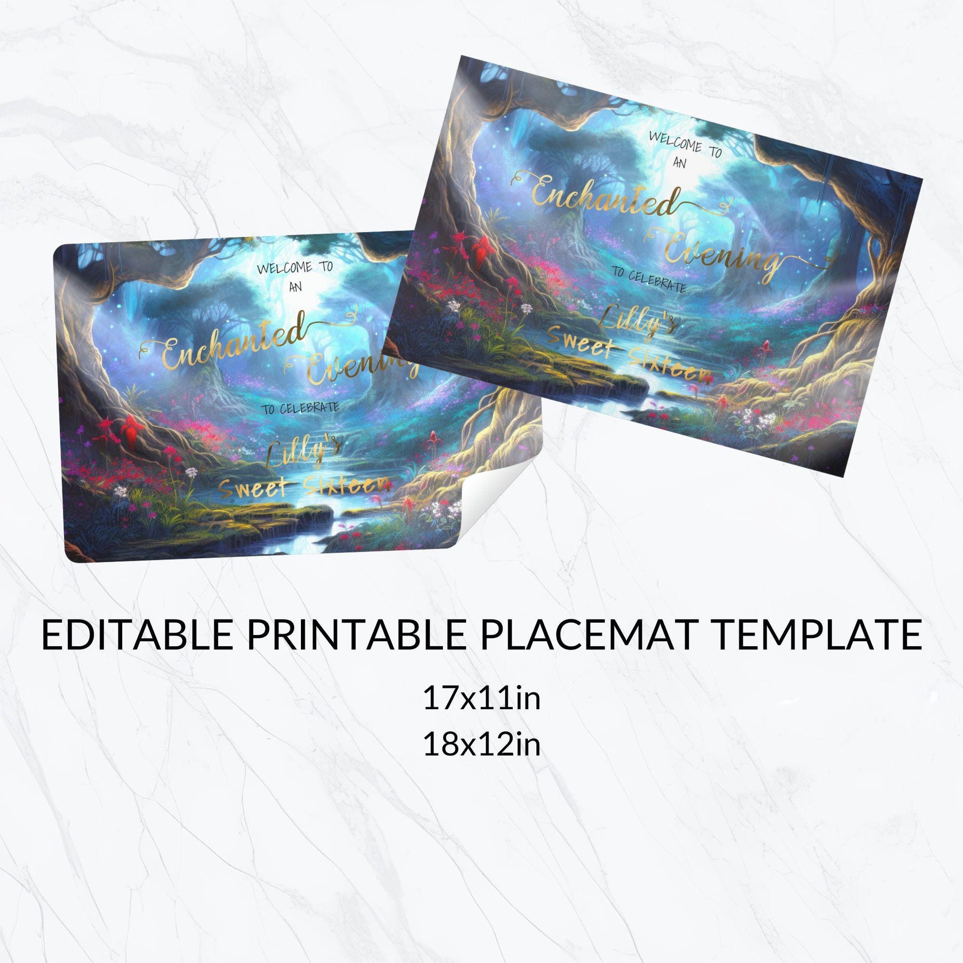 Enchanted Forest Placemat – Editable Party Template With Gold Foil Lettering