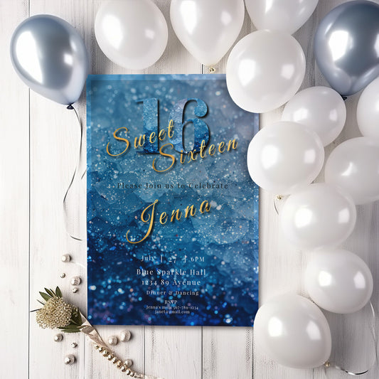 Navy Blue Glitter Sweet 16 Invitation: Editable Template (Printable)