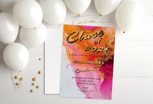 Hot Pink Graduation Invitation – Editable 5x7 Inch Gold Foil Lettering Invite