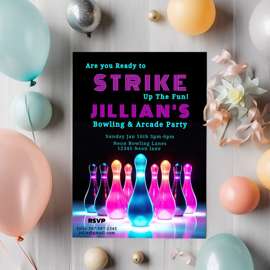Bowling Arcade party Invitation-Editable Template-Evite-Printable- with Bonus Thank You Tags - Kids party-Teenage Party