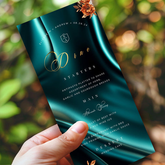 Wedding Menu Template | Customizable 4x9 Menu Card with Terracotta, Teal, and Gold Foil Design