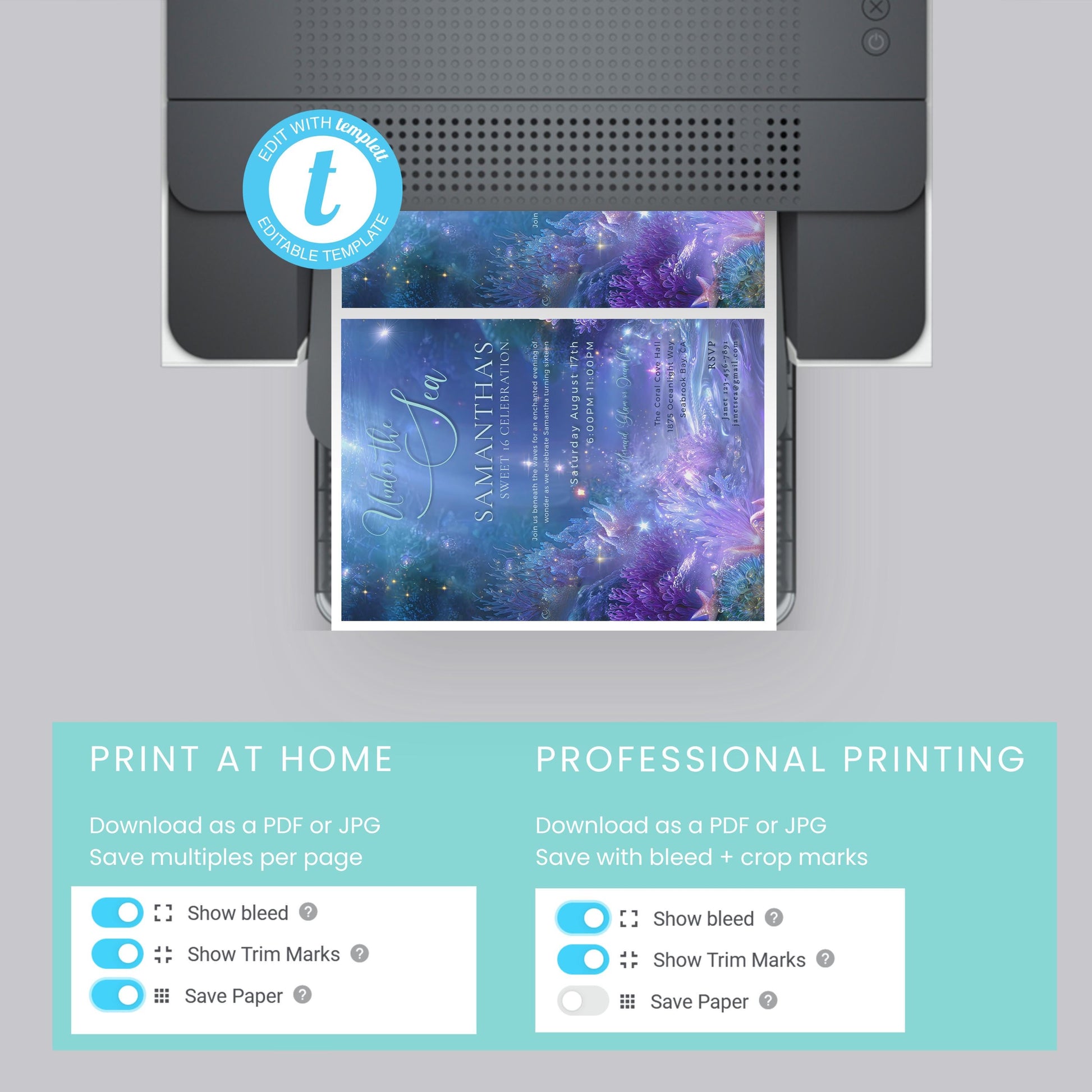 Under the Sea Sweet 16 Invitation – Editable Mermaid Birthday Template