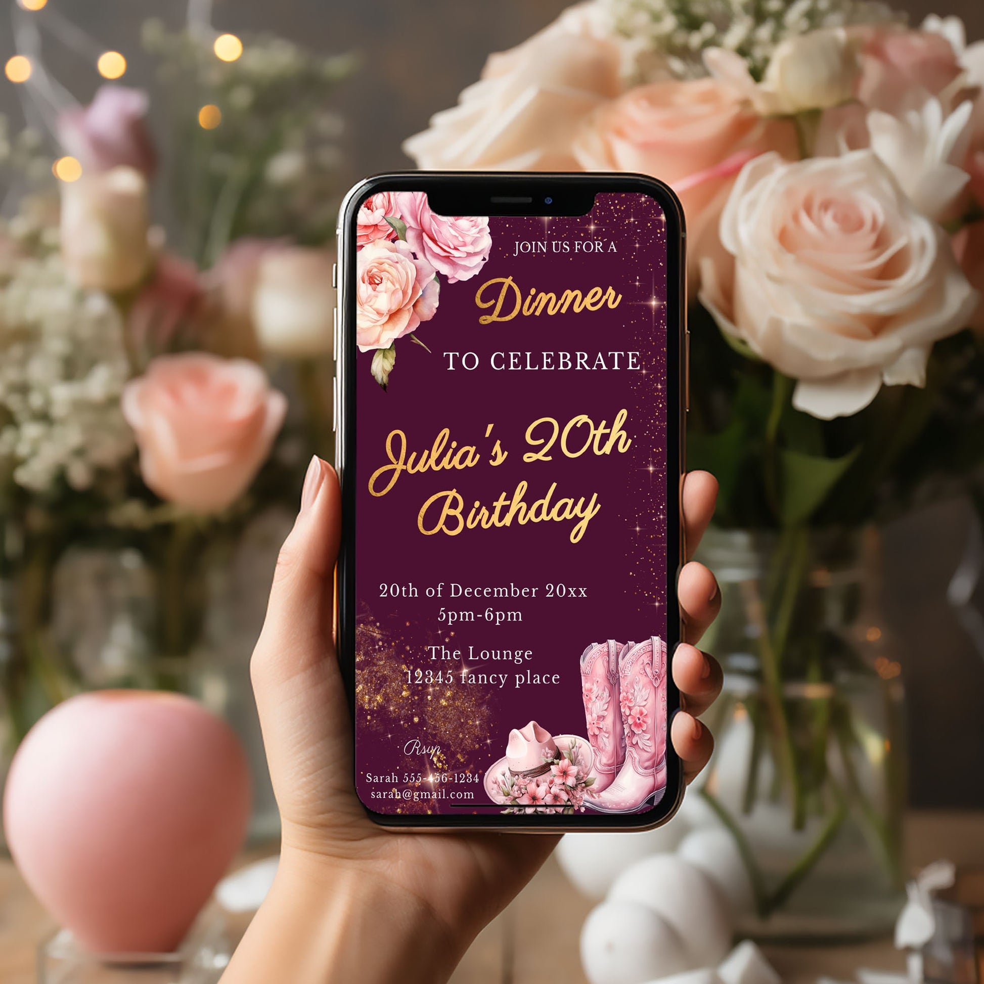 Pink Cowgirl Birthday Mobile Invite: Gold Foil, Thank You Note (Editable Template)