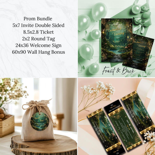 Enchanted Forest Prom Bundle | Editable Invitation, Ticket & Sign Templates | Event Stationery Set