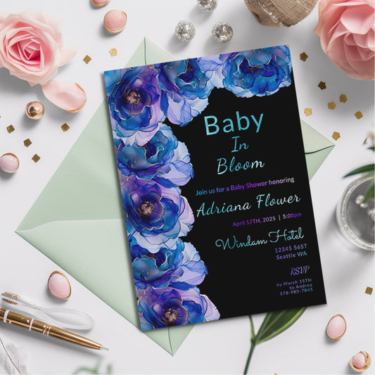 Blue Floral Baby Shower Invitation – Alcohol Ink Editable Template