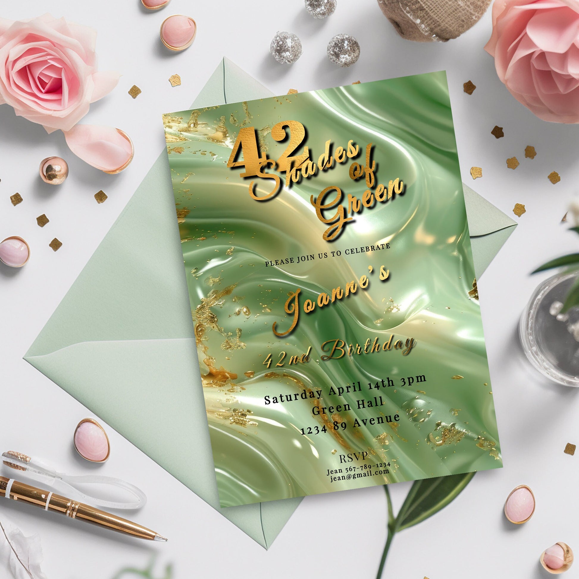 Emerald Green Birthday Invitation - Elegant Agate Design | Printable 5x7 Gold Foil Invite