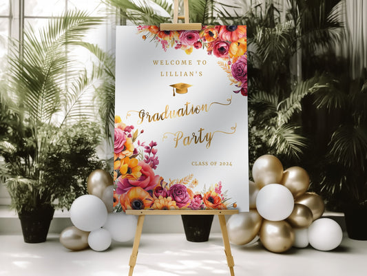 Floral Graduation Welcome Sign | Hot Pink & Gold Editable Template | Printable 18x24 & 24x36 Poster