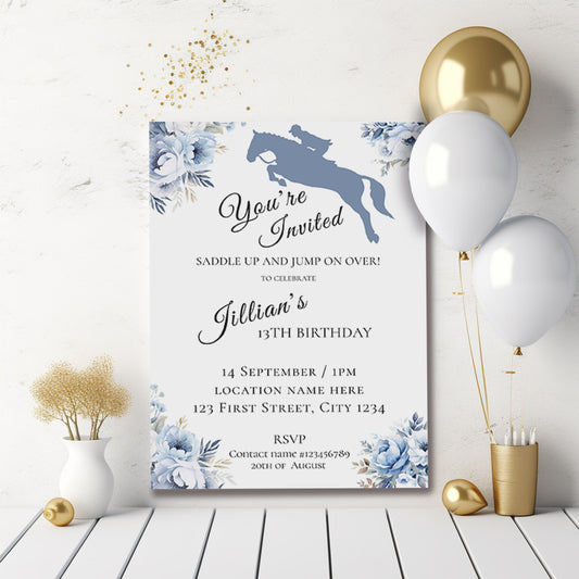 Floral Horse Invitation -Equestrian show jumping Birthday invitation-template-Printable- DIY Party- Editable -Printable-Dusty Blue-Evite